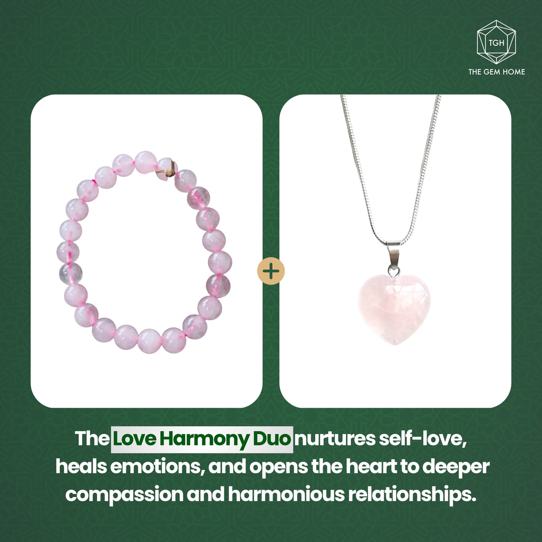Love Harmony Duo - Rose Heart Quartz Pendant + Rose Quartz Bracelet